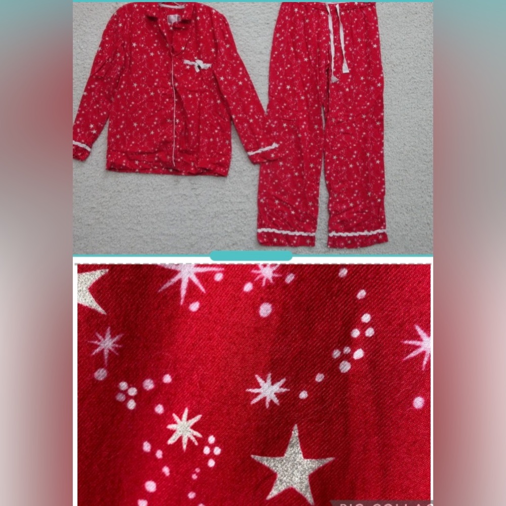 Victoria's Secret Flannel Pajama Set XL Women’s Red Stars Print Christmas, 2009